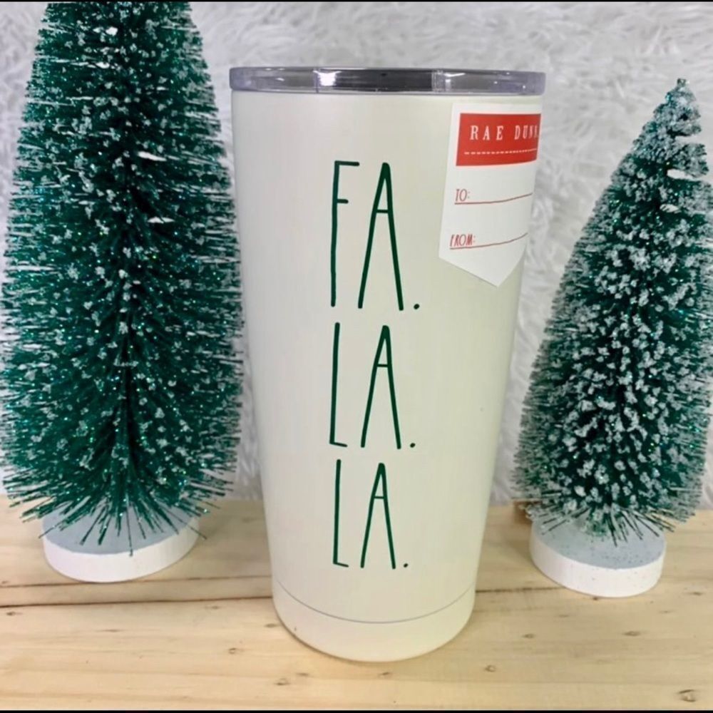 Rae Dunn Fa La La Holiday Christmas Tumbler for Hot Coffee or Tea 17oz with Lid